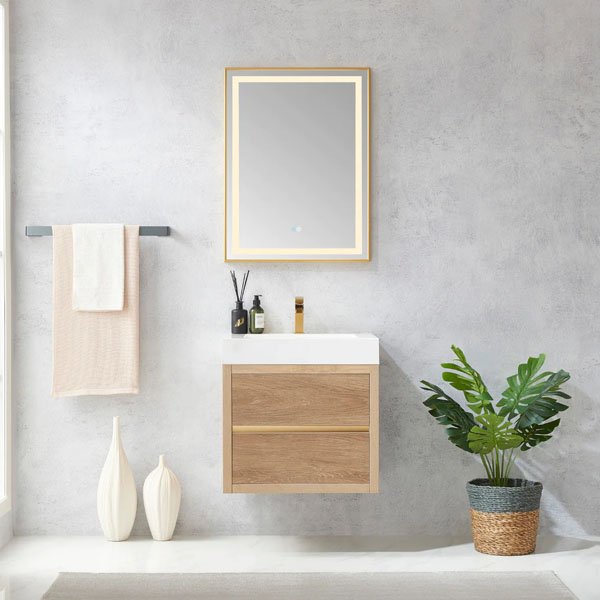 White Composite Integral Square Sink Top - 24" with mirror carolina oak